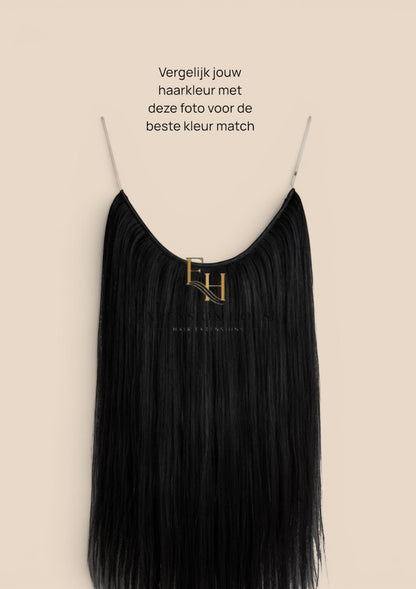 Extension house zwarte flip-in haarverlenging van 100% human hair met transparante draad voor extra volume en lengte.