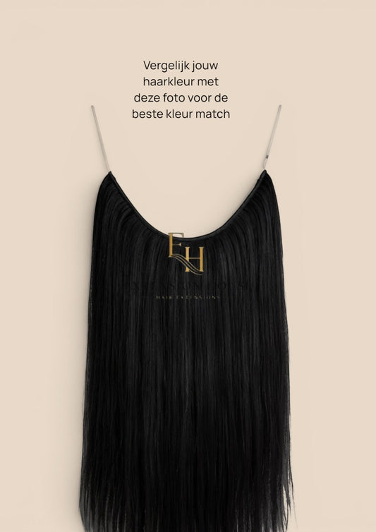 Extension house zwarte flip-in haarverlenging van 100% human hair met transparante draad voor extra volume en lengte.